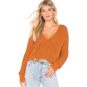 Free People Orange Open Knit Slouchy V-Neck Sweater Boho Oversized (READ)